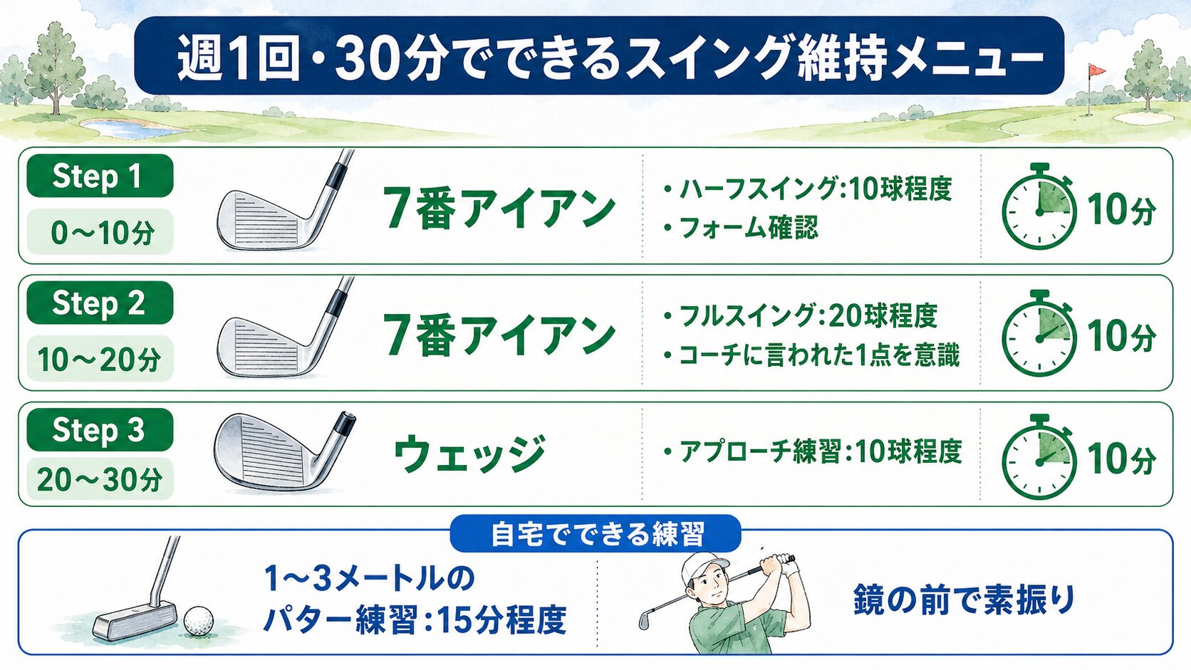 週1回30分でできるゴルフのスイング維持メニューの図解。0〜10分は7番アイアンのハーフスイング10球程度でフォーム確認、10〜20分は7番アイアンのフルスイング20球程度でコーチに言われた1点を意識、20〜30分はウェッジでアプローチ練習10球程度。自宅では1〜3メートルのパター練習を15分程度と鏡の前で素振り