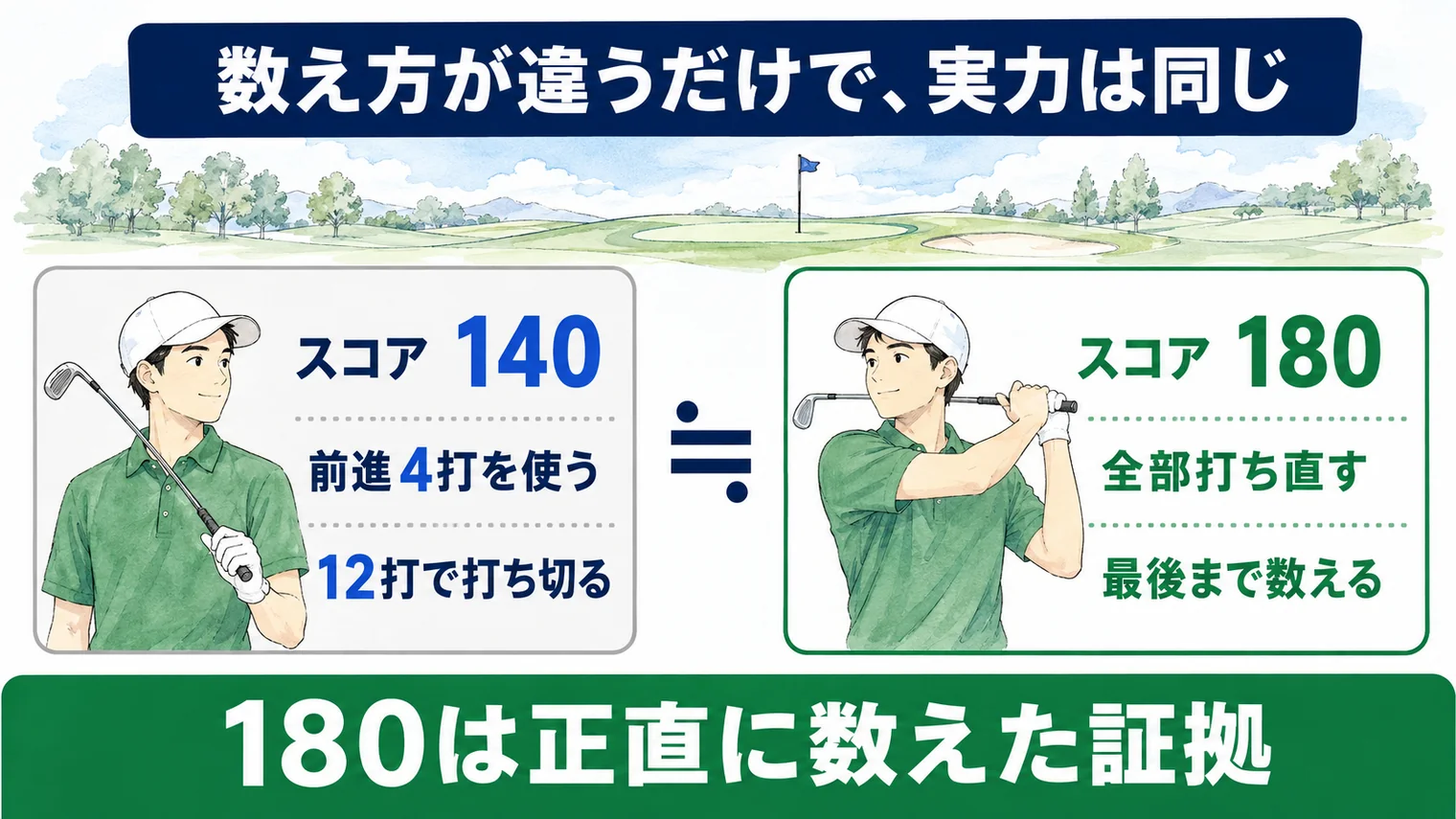 数え方の違いでスコアは数十打変わる。前進4打を使い、規定打数の3倍で打ち切った人の140と、全部打ち直して最後まで数え切った人の180は、実力がほとんど同じでもおかしくない。180は正直に数えた証拠