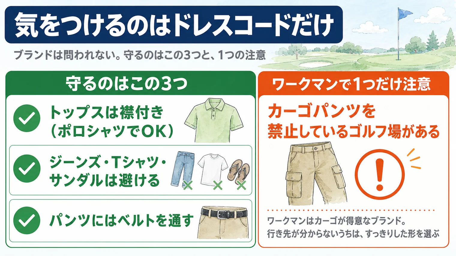 ゴルフ場で気をつけるのはドレスコードだけ。守るのはトップスは襟付き、ジーンズ・Tシャツ・サンダルは避ける、パンツにはベルトを通すの3つ。ワークマンで1つだけ注意すべきは、カーゴパンツを禁止しているゴルフ場があること